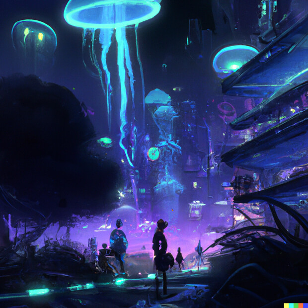 a futuristic city desert oasis full of gardens, people, and neon jellyfish in the background, digital art - version 1